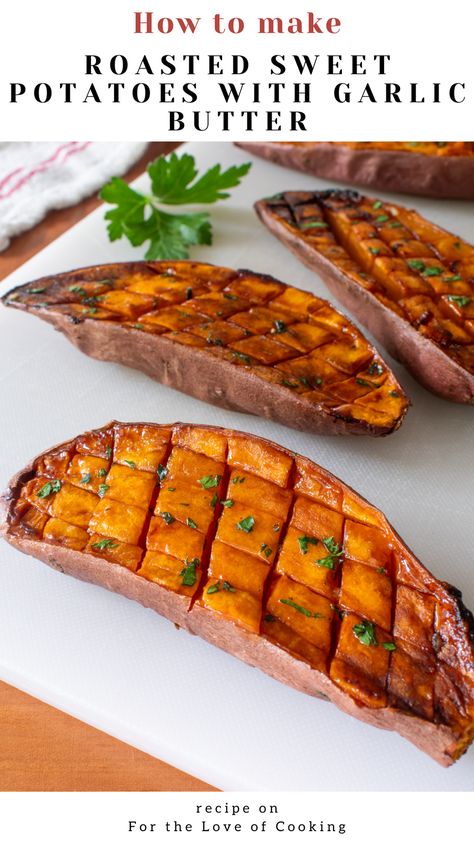 Delicious roasted sweet potatoes oozing with garlic butter. It's a simple & easy side dish that's always a crowd-pleaser.  New Recipe ~ Roasted Sweet Potatoes with Garlic Butter  Link: https://fortheloveofcooking.net/recipe/roasted-sweet-potatoes-with-garlic-butter  #recipe #sweetpotato #sidedish #potatoes #roastedpotatoes #sweetpotatoes #vegetarianrecipes #easyrecipes #quickrecipes Sweet Potato Recipes Roasted, Food Sides, Grilled Sweet Potatoes, Potato Recipes Side Dishes, Easy Side Dish, Potato Side Dishes, Baby Potatoes, Cooking Equipment, Squash Recipes