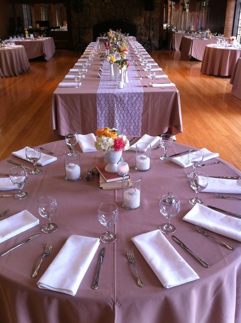 King's table with round and square guest tables at the Brazilian Room. Khaki linens with white napkins. Khaki Wedding, Kings Table, White Napkins, Wedding Table Decor, Graduation Decorations, Garden Theme, Dusty Rose, Table Decor, Wedding Table