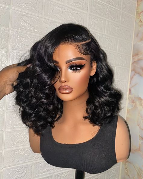 PARIS Flirty Bob JET BLACK Side Part ✨ 5x5 HD lace GLUE-LESS unit Available for purchase Hair: Raw Indian exotic deep wavy 🤎 TEXT TO ORDER: 484-475-6470 or click the link in bio for EXPRESS SHIPPING -Hair: raw Indian luxe wave with 5x5 HD closure -Size: 21”-23” circumference -Elastic Adjustable Band for glue-less wear ALL Custom signature units include: ✅Custom machine made ✅Tailored to fit clients head measurements ✅Premium Bundles & HD lace included ✅Glue-less/easy install Skip t... Black Women Hairstyles Side Part, Jet Black Side Part, Lace Glue, Lace Wigs Styles, Hair Extensions For Short Hair, Frontal Wig Hairstyles, Side Part Hairstyles, Haute Hair, Custom Signature