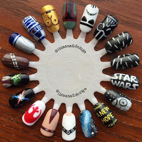 STAR WARS NAILS Princess Leia Nail Art, C3po Nails, Simple Star Wars Nail Designs, Boba Fett Nails, Bb8 Nails, Star Wars Nails Designs, Storm Trooper Nails, Star Wars Nail Art, Starwars Design