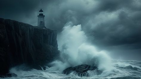 Stormy Lighthouse View: A solitary lighthouse stands resolute against a dramatic storm with waves crashing on the rugged cliffs. #lighthouse #storm #waves #cliffs #sea #dark #dramatic #brooding #aiart #aiphoto #stockcake https://ayr.app/l/PbHa Cloud Kingdom, Storm Over Ocean Aesthetic, Storm Waves, Stormy Lighthouse, Stormy Ocean Photography, Lighthouse Storm, Ocean Storm Stormy Sea, Dark & Stormy, Sea Storm