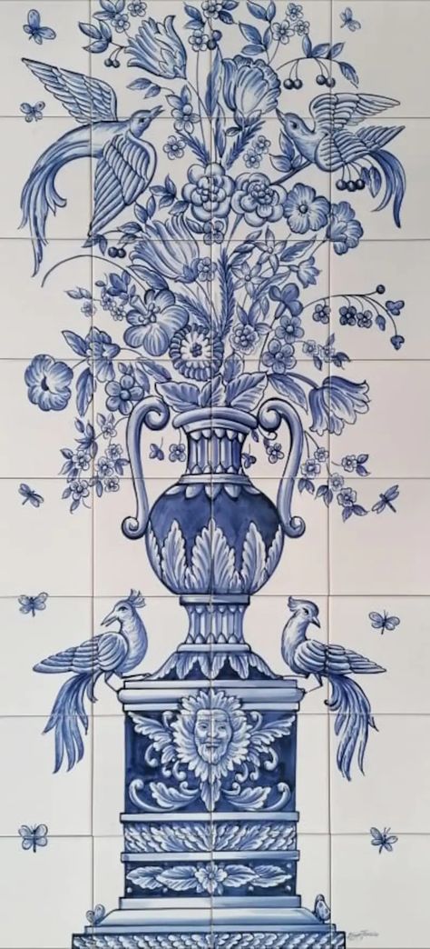 Flower Vase and Birds Tile Mural Ref. PT2004 | Etsy Hungary European Tiles, Blue Flower Vase, Tile Artwork, Dutch Tiles, Painted Tile, Hand Painted Tile, Painting Ceramic Tiles, Portuguese Tiles, Hand Painted Tiles