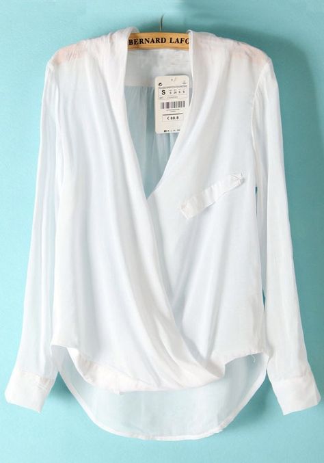 Dip Hem Blouse, 2013 Style, Sheer Long Sleeve Top, Draped Blouse, White Long Sleeve Blouse, Hem Blouse, Loose Blouse, Collar Blouse, Mode Outfits