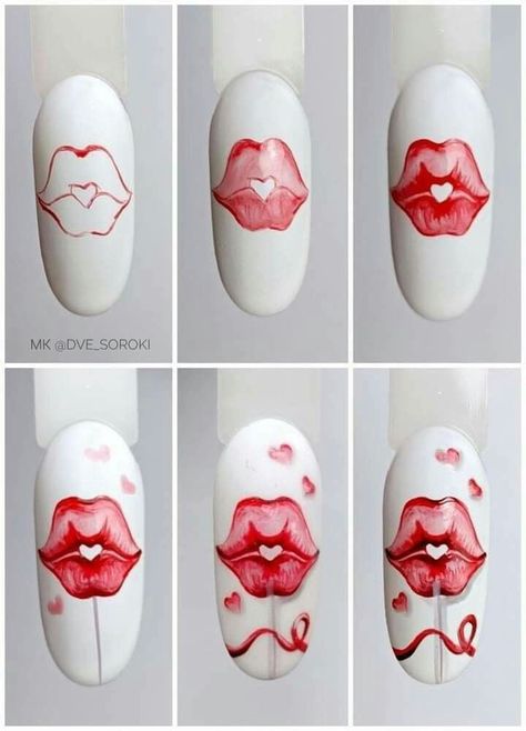 How To Draw Lips On Nails, Lip Nail Designs, Lips Nails Designs, Valentines Day Nails Almond, Pop Art Nails, Mickey Nails, Unghie Nail Art, Nails Art Designs, Valentines Day Nails