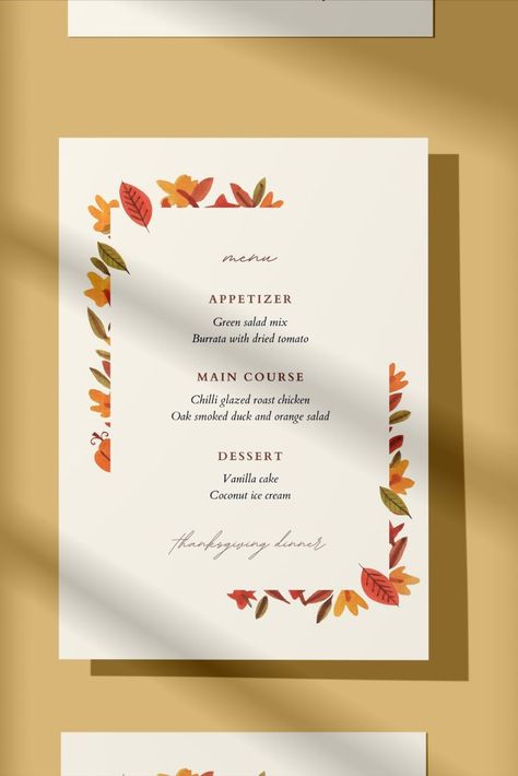 Thanksgiving Menu Cards, Pretty Menu Design, Canva Menu Design, Friendsgiving Menu Template, Seasonal Menu Design, Fall Dinner Menu Ideas, Holiday Menu Design, Thanksgiving Menu Design, Fall Menu Design