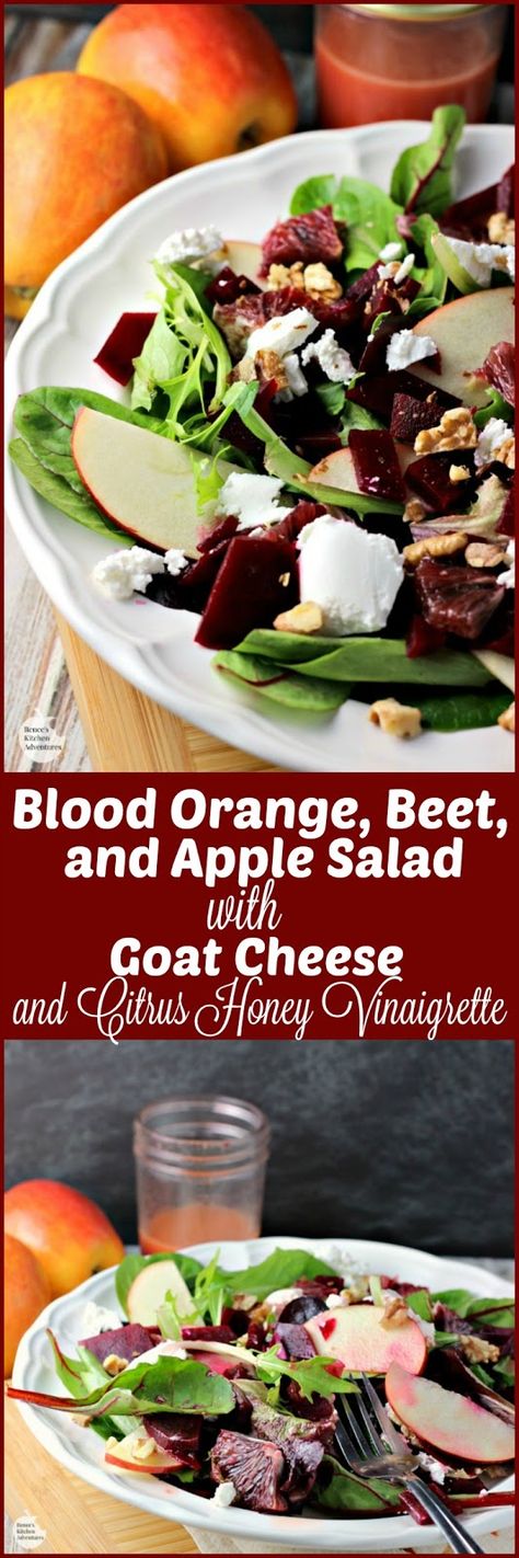 Blood Orange, Beet, and Apple Salad with Goat Cheese and Citrus Honey Vinaigrette | by Renee's Kitchen Adventures - easy meatless salad recipe with a recipe for homemade dressing made with citrus and honey #SundaySupper #RKArecipes Beet And Apple Salad, Beet Salad With Goat Cheese, Baked Beetroot, Leftover Ideas, Orange Dressing, Honey Vinaigrette, Winter Salads, Salad Quinoa, Salad With Goat Cheese