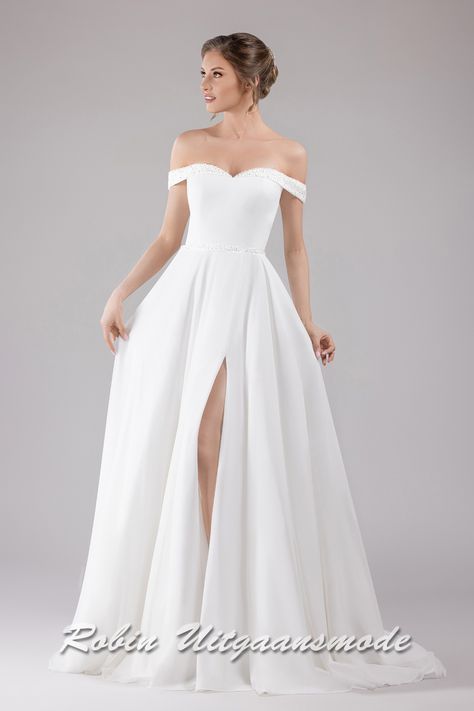 Cheap Wedding Dresses till €300 * Bridal Gowns till 600 euro * Robin Bardot A Line Wedding Dress, A Line Bardot Wedding Dress, Wedding Dresses Bardot, Bardot Wedding Dress, Wedding Dress Outlet, Cheap Bridal Dresses, Short Bridal Dress, Wedding March, Long Chiffon Skirt