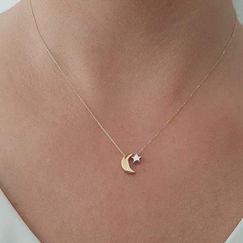 Solid Gold Moon Star Necklace, Minimalist Crescent Star Necklace, Star Crescent Necklace For Mothers Day Gift, Jewelry For Christmas Gift This necklace is handmade and produced with 10k 14k 18k solid gold according to your preference. Gold Color : Yellow Gold, White Gold, Rose Gold Pendant Size: Height : 0.39 inches ( 10 mm ) Width : 0.35 inches ( 9 mm ) We have 3 Types solid gold chain options: Type1 Chain (0.85mm thick) Type2 Chain (0.97mm thick) Type3 Chain (1.30mm thick) We use lobster claps Moon And Star Pendant, Moon Star Necklace, Star And Moon Necklace, Necklace Star, Crescent Necklace, Moon Pendant Necklace, Solid Gold Chains, Rose Gold Pendant, Gold Moon