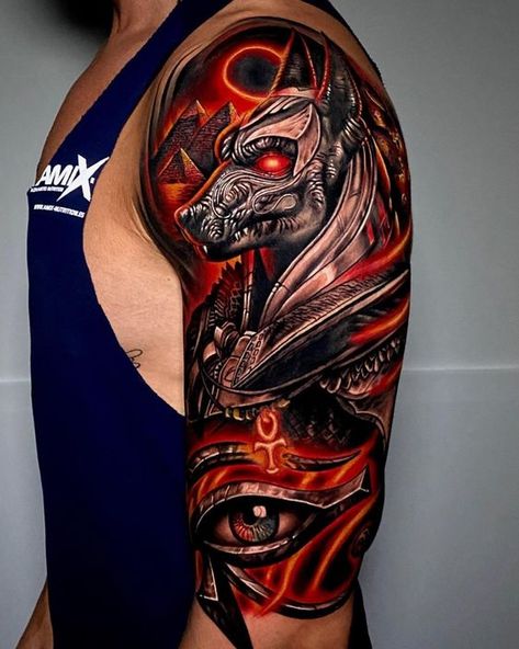 2024's Top Men’s Sleeve Tattoos: Bold Designs & Timeless Ink Ideas Ra And Anubis Tattoo, Mens Shoulder Tattoo Cover Up, Shoulders Tattoo For Men, Ancient Gods Tattoo, Anubis Back Tattoo, Anubis Tattoo Men Ideas, Ra Tattoo Egyptian, Egyptian Tattoo Designs Men, Egyptian Gods Tattoo