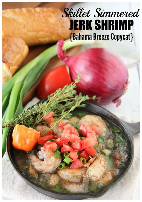 This Bahama Breeze copycat fire roasted jerk shrimp dish is simmered in a delicious garlic-thyme butter and served with crusty French bread for sopping! Jerk Shrimp Pasta, Best Grilled Shrimp Recipe, Jerk Salmon, Jerk Shrimp, Jamaican Jerk Seasoning, Easy Healthy Lunch Recipes, Bahama Breeze, Salad Toppers, Grilled Shrimp Recipes