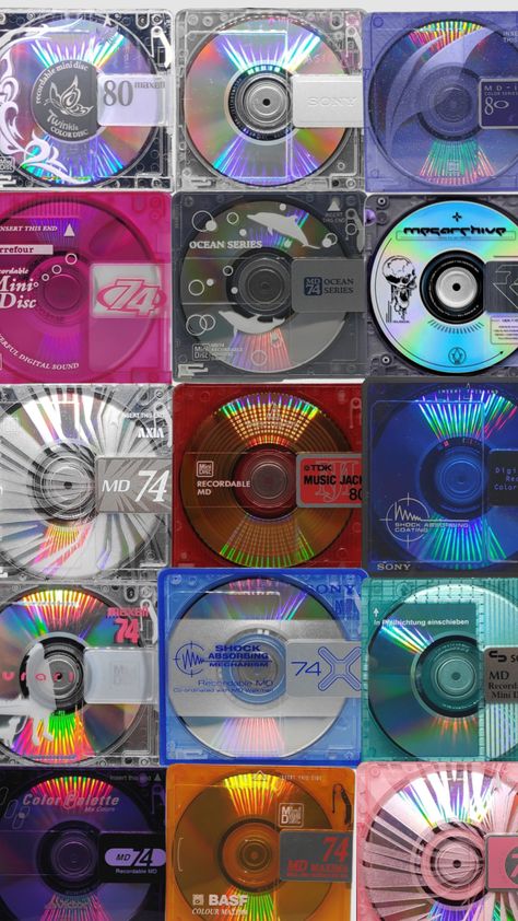 #minidisc #holographic #cds #dvds #y2k #walkman Cd Graphic Design, Y2k Music Aesthetic, 90s Cds, Y2k Zine, Y2k Electronics, Y2k Mood Board, Cd Wallpaper, Cds Aesthetic, Y2k Tech