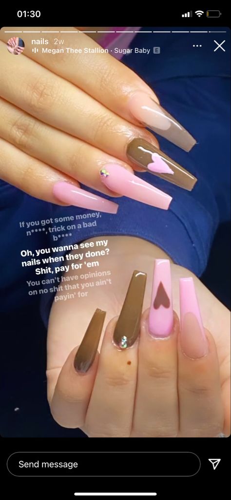 brown pink heart love nails french tip acrylic gem minimalist Pink And Brown Nails, Vereena Sayed, Nude Nails With Glitter, Brown Acrylic Nails, Nails French Tip, Brown Nails Design, French Tip Acrylic Nails, Short Square Acrylic Nails, Classy Acrylic Nails