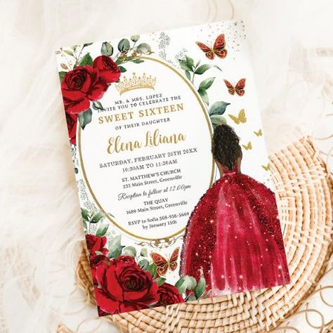 $1.98 | Red Roses Floral Dress Gold Quinceañera Sweet 16 - quinceañera mis quince 15 invitation, budget economical printed invites cards, quinceanera sweet 16 sixteen birthday, 15th 16th 18th birthday party, gold foil oval geometric modern, butterflies gold princess crown tiara, bright red roses flowers floral, doll girl glittery dress gown, chic elegant xv invitación, brown black long curly hair Quince Invitations, Red Ball Gown, 16th Birthday Invitations, Sixteenth Birthday, Quinceanera Party, 16 Birthday, Sweet 16 Invitations, 18th Birthday Party, Red Ball