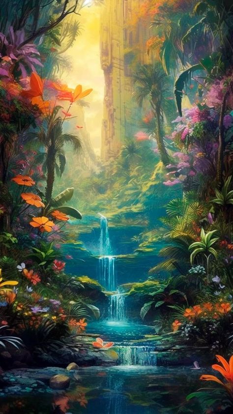 Jungle Images, Wallpaper Artwork, Basant Panchami, Tropical Painting, Jungle Art, Landscape Paintings Acrylic, Fantasy Paintings, Beautiful Landscape Wallpaper, Landscape Illustration