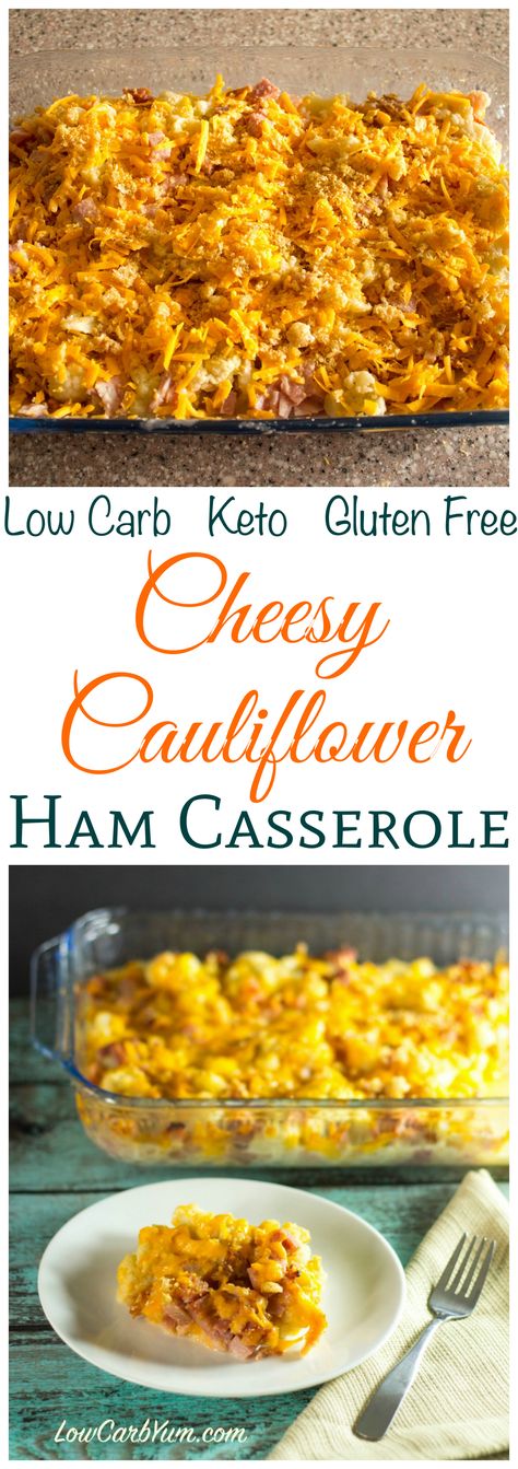 A delicious low carb cheesy cauliflower ham casserole that's perfect for using up leftover ham from the holidays. Gluten free keto dinner recipe. Low Carb Cheesy Cauliflower, Low Carb Cauliflower Casserole, Keto Dinner Recipe, Best Keto Breakfast, Keto Gluten Free, Ham Casserole, Low Carb Casseroles, Cheesy Cauliflower, Diner Recept