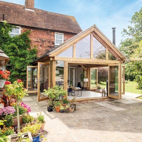 Oak Garden Rooms and Oak Framed Buildings Prime Oak, Oak Framed Extensions, Timber Frame Porch, Cottage Extension, Garden Room Ideas, Garden Room Extensions, Oak Framed Buildings, Wooden House Design, Exposed Rafters