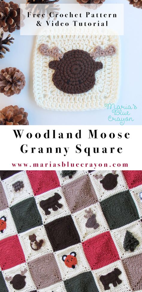 Woodland Moose Applique | Woodland Moose Granny Square | Woodland Granny Square Afghan | Free Crochet Pattern | Free Crochet Video Tutorial Free Crochet Patterns Videos, Mountain Granny Square, Crochet Moose Applique, Cow Granny Square, Moose Applique Pattern, Bear Granny Square, Animal Granny Squares, Woodland Crochet, Moose Applique