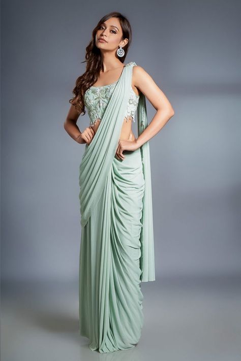 Draped Saree Gown, Drape Lehenga, Green Sarees, Shimmer Saree, Formal Saree, Character Wardrobe, Draped Saree, Sequin Saree, Bridesmaid Saree