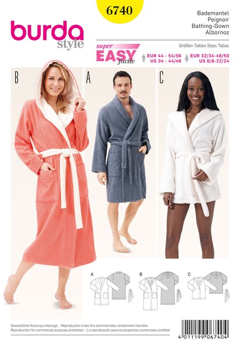 Burda 6740 Bathrobes sewing pattern Bathrobe Pattern, Hood Shawl, Burda Sewing Patterns, Bath Robes, Burda Patterns, Easy Sewing Patterns, Burda Style, Fashion Sewing Pattern, Shawl Collar