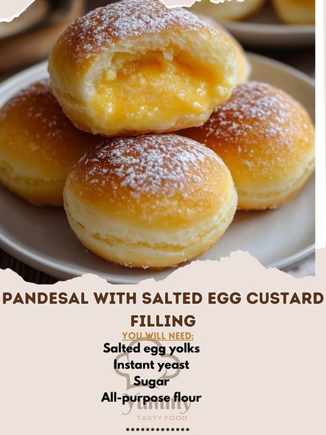 🥚🍞 Soft Pandesal with Salted Egg Custard Filling—a creamy, savory twist on a Filipino classic! Try it today! Pandesal with Salted Egg Custard Filling Ingredients: All-purpose flour (3 cups) Sugar (1/2 cup) Instant yeast (2 1/4 tsp) Salted egg yolks (4, mashed) Custard (1/2 cup) Milk (1 cup, warm) Butter (1/4 cup, softened) Instructions: Mix flour, sugar, and yeast. Add warm milk and butter. Knead into a smooth dough. Let dough rise for 1 hour. Divide into balls, fill with salted egg and c... Whole Egg Custard, Egg Yolk Custard, Steamed Custard Buns, Salted Egg Yolk Custard Buns, Chinese Steamed Egg Custard, Butter Roll, Cozy Fall Recipes, Salted Egg Yolk, Egg Custard