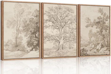 Vintage farmhouse wall decor: Antique botanical prints and landscape paintings. Unframed art reproductions for a cozy cottagecore ambiance. Perfect for home decor and gifting. #VintageDecor #FarmhouseStyle Wilderness Illustration, Vintage Sketchbook, Minimalist Tree, Scandinavian Wall Art, Neutral Minimalist, Tree Wall Decor, Forest Wall Art, Wall Decor Pictures, Framed Wall Art Sets