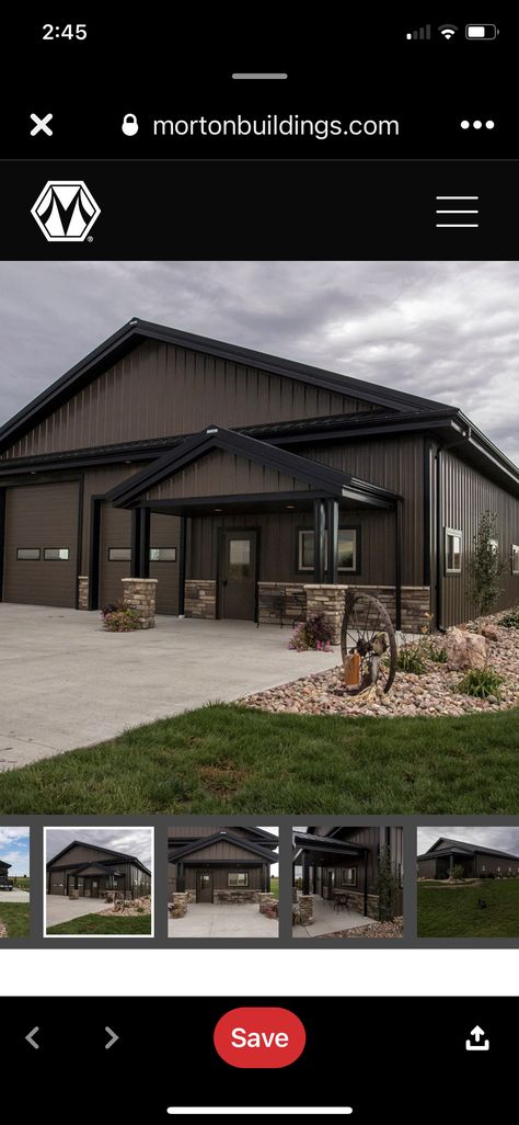 Grey And Black Metal Building, Tan And Black Metal Shop, Metal Shop Color Schemes, Charcoal Grey Metal Building, Burnished Slate Metal Building With Black Trim, Taupe Barndominium Exterior, Charcoal Metal Building, Metal Building Exterior Ideas, Charcoal Gray Barndominium Exterior