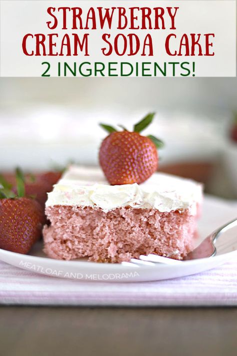 This 2-ingredient Strawberry Cream Soda Cake is made with a can of soda pop and cake mix. A super easy dessert that's perfect for potlucks and parties! Strawberry Cream Soda Cake, Cake Mix And Soda Recipes 2 Ingredients, Strawberry Dr Pepper Cake, Cake And Soda Recipe, Soda Cakes Easy, Ww Cake Mix Recipes With Diet Soda, Strawberry And Cream Dr Pepper Cake, Cream Soda Cake Recipe, Sprite Cake Recipe