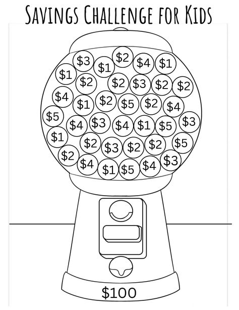 Teach your children good saving habits with this fun Savings Challenge! Pick a gum ball to color in and have your child save that amount! Before they know it, they will have a full, colorful gum ball machine AND a great start to their savings.... $100! **This is a digital product you print at home or a local print shop** Fun Budgeting Ideas, Fun Savings Challenge Games, 2024 Saving Challenge, Kids Savings Challenge, Savings Challenge For Kids, 100 Savings Challenge, Saving Money Challenge, Savings For Kids, Save Challenge