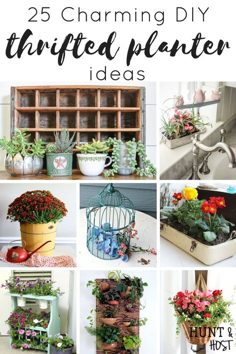 Browse through these charming thrifted planter ideas to add some unique whimsy to your house plant ideas. They are perfect for house plants on a budget! #houseplants #charming #thriftedplanter #houseplant #plantlady Homemade Planters Indoor, Creative Plant Pots Diy, Inexpensive Planter Ideas, Alternative Plant Pot Ideas, Houseplant Pots Ideas, Diy Unique Planter Ideas, Plant Tray Ideas, Thrifted Planter Ideas, Unique Indoor Planter Ideas