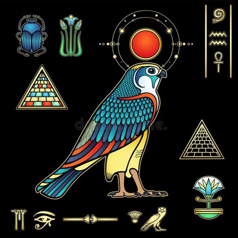 Animation color drawing: images of sacred Egyptian Falcon bird. Sun disk. Set of hieroglyphs. Vector illustration isolated on a black background stock illustration Egyptian Falcon Tattoo, Heiroglyphics Art, Egyptian Background, Egyptian Bird, Ancient Ornaments, Egyptian Falcon, Falcon Bird, Falcon Art, Black Beetle