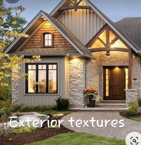 Shaker Siding In Peaks, Board And Batten With Shaker Siding, Farmhouse Siding Exterior Colors, Stone Elevation House, Taupe Farmhouse Exterior, Cedar Gables On House Exterior, Painted Cedar Shake Siding, Double Gable Front House, All Brick House Exterior