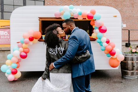 Bride and groom in front of a white van trailer lined with a colorful balloon arch Small Wedding Venue Ideas, Wedding Venues Maryland, Eastern Shore Wedding, Wedding Venues Pennsylvania, Industrial Wedding Venues, Maryland Wedding Venues, Smallest Wedding Venue, Baltimore Wedding, Wedding Reception Locations