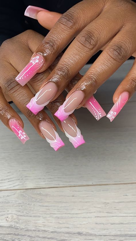 Pink Ombre Nails French Tips, Coffin Nails Designs Summer 2024, French Aura Nails, Aura Nails With French Tips, Aura Nails French Tip, Aura French Tip Nails, Ombré French Tip, Pink Aura Nails, Ombré French