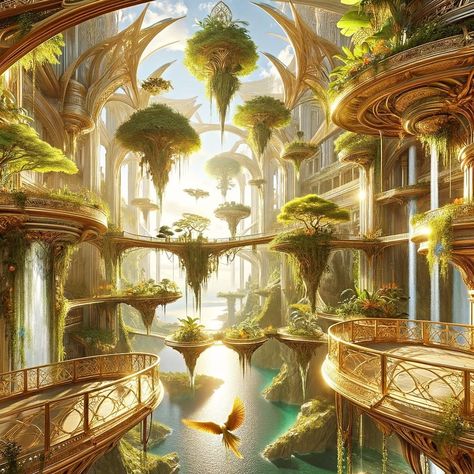 Discover the magic within 🌿✨ A glimpse into a sky-high fantasy castle where nature and gold unite. Let your imagination soar through these enchanted halls. #FantasyArt #NatureMagic #SkyCastle #GoldArchitecture #InteriorFantasy #DreamyInteriors #FantasyDesign #EcoLuxury #EnchantedNature #FloatingCastle #NatureInside #ArchitectureLovers #FantasyWorlds #GardenInterior #SustainableDesign #DigitalArt #ArtOfTheDay #InstaArt #ArtistsOnInstagram #ContemporaryArt #ModernArt #Innovation #conceptart #a... Fantasy Architecture, Woodland Elf, Quantum Entanglement, Magic City, Fantasy Homes, Level Design, Fantasy City, Fantasy Castle, Fantasy Setting