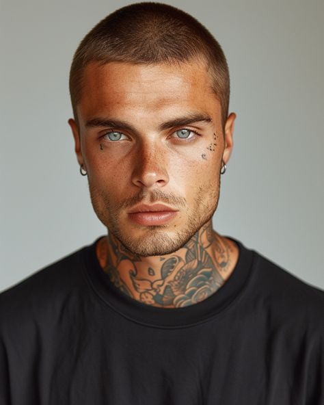 A male muscle model, shaved head, wearing a blank black oversized t-shirt, with lots of tattoos, no earrings, face tattoos, fashion shooting, plain light grey background, Balenciaga, distinctive model, in the style of Rick Owens and Balenciaga, super realistic image, detailed image, realistic and detailed model, hollow face, bad face, Shoot on Canon 5D Mark IV, ISO 200, f/6.3, 1/15s, light from top left Plain Light Grey Background, Male Face Tattoo, Male Model With Tattoos, Face Tattoos Men, Male Model Tattoos, Lots Of Tattoos, Bald Head Man, Male Models Tattoo, Shaved Blonde