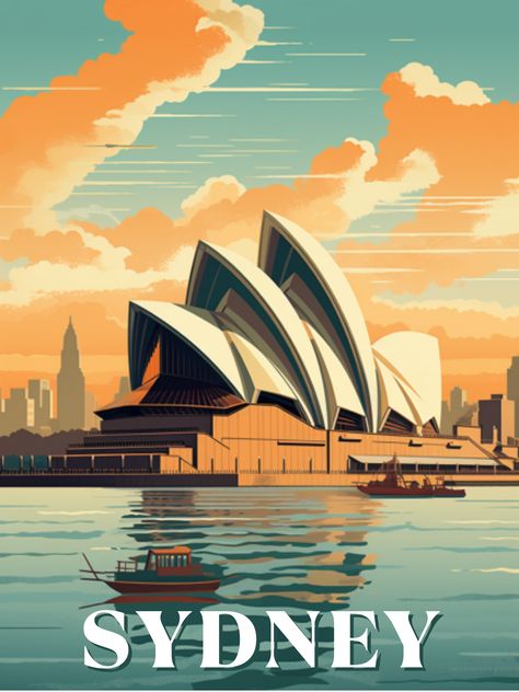 Vintage Travel Posters Australia, Sydney Illustration, Kai Carpenter, Teal And Peach, Landmark Poster, Posters Australia, Wanderlust Decor, Wanderlust Art, Vintage Postcards Travel