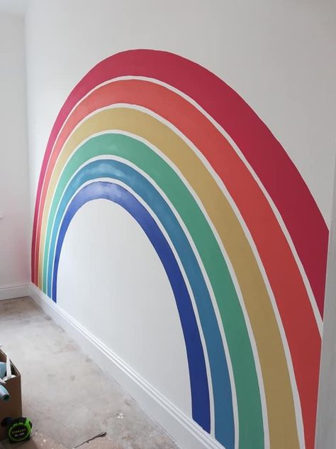 Rainbow Wall Mural Diy, Red Kids Rooms, Playroom Area, Rainbow Wall Mural, Rainbow Mural, Rainbow Bedroom, Wall Murals Diy, Steam Learning, School Murals