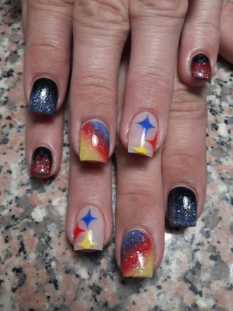 Pittsburgh Steelers Nails, Steelers Nails Designs, Baseball Nail Designs, Steelers Nails, 21st Birthday Nails, Baseball Nails, Football Nails, Princess Nails, Apple Watch Bands Fashion