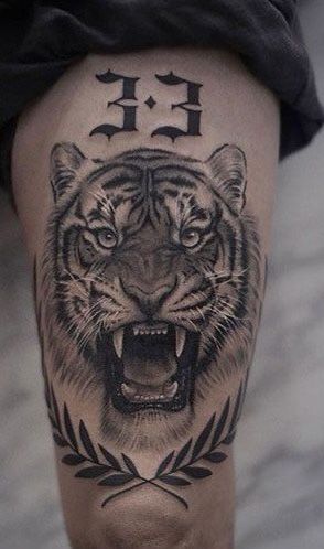 Best Sleeve Tattoos Men, Badass Tattoos For Men, Sleeve Tattoos Men, Tiger Tattoo Thigh, Girlfriend Tattoos, Bold Tattoo, Thigh Tattoo Men, Animal Tattoos For Men, See Tattoo