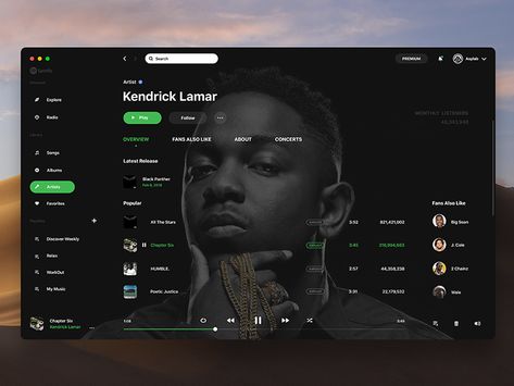 Free PSD Spotify Redesign Concept Spotify Website Design, Spotify Redesign, Spotify Design, Music Streaming App, Gold Experience, Famous Music, Web Design Websites, Gaussian Blur, App Landing Page