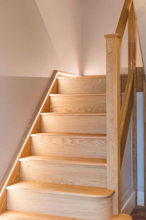 Adding subtle LED mood lighting into the oak stair stringer helps define this feature staircase. Light Oak Staircase, Oak Staircase, Best Carpet For Stairs, Stairs Trim, Stairs Stringer, Open Stairs, Oak Stairs, Stair Lighting, Staircase Makeover