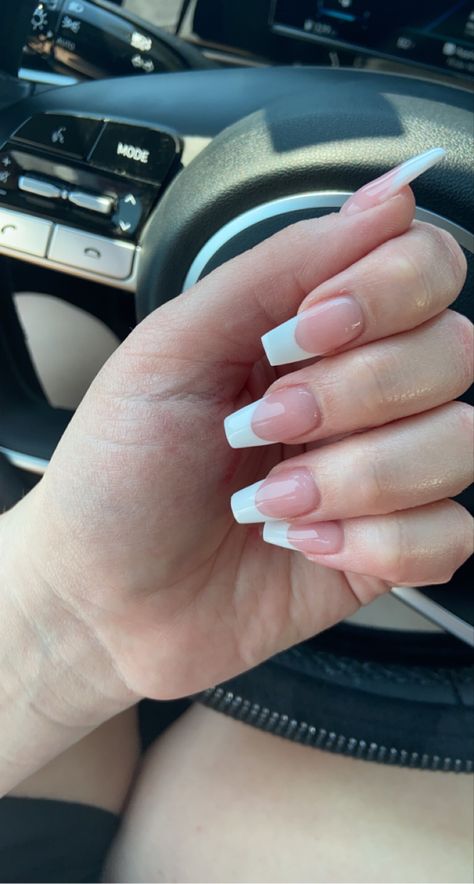 Coffin French tip with powder Coffin French Tip, Ring Finger Design, White Frenchies, Coffin French, Finger Design, Dragon Claw, White Hand, French Manicure, Ring Finger