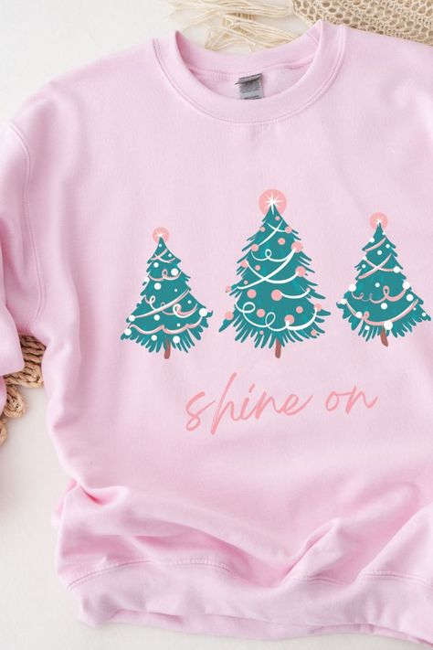 Pink Christmas Shirt Ideas, Fun Christmas Trees, Pink Christmas Shirt, Pink Decorations, Cute Christmas Ideas, Cute Christmas Shirts, Pink Holiday, Christmas Tree Shirt, Embroidered Gifts