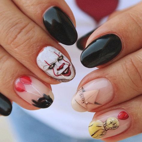 It Nails Stephen King, Penny Wise Nails, Pennywise Nail Art, Pennywise Nails, You'll Float Too, Cute Simple Nails, Uñas Acrilicas, Fall Inspo, Creepy Cute