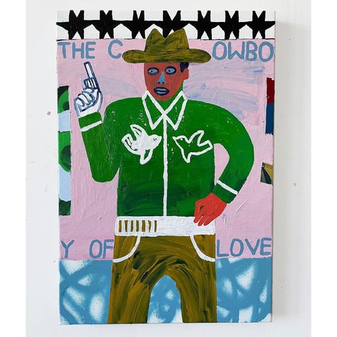 David Horgan | The Cowboy Of Love - Acrylic, house hold paint and spray paint on 600mm x 450mm canvas • • • • • • • #contemporarypainting #painting… | Instagram Cowboy Illustration, Cowboy Painting, Painting Instagram, Airbrush Painting, 2024 Art, Tattoo People, The Cowboy, Room Paint, Art Stuff