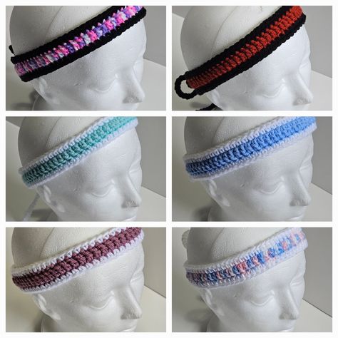 Crochet Headbands to accessorize! Vibrant colours to stand out or flat one-tone to pull together any style! Each band is about 16 to 19 inches long plus about 12 inches of string on each side for tying behind the head. Crochet Headband Free, Crochet Headbands, Crochet Headband, Crochet Art, Crochet Accessories, Vibrant Colours, The Head, Vibrant Colors, Band