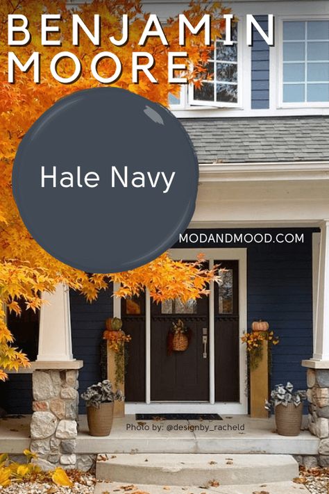 These Luxurious Blue and Navy Exterior Paint Colors Will 10X Your Curb Appeal! - Mod & Mood Dark Blue Outdoor House Paint, Navy Blue Craftsman Exterior, Navy Exterior House Colors White Trim, Needlepoint Navy Exterior, Hale Navy Exterior House, Dark Blue Home Exterior, Blue Craftsman Exterior, Dark Blue House Exterior With Wood, Navy Exterior Paint