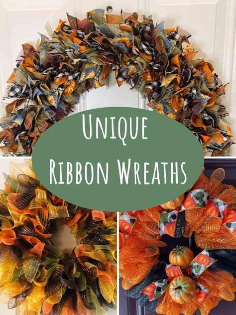 33 Cutest Ribbon Ideas for Wreaths + Simple DIY - PinkPopDesign Ribbon And Flower Wreath, Pink Ribbon Wreath Diy, Ribbon Wreath Ideas, How To Make Ribbon Bundles For Wreaths, Multi Ribbon Bow Tutorial Wreath, Ribbon Autumn Wreath, Ribbon Wreath Tutorial, Ribbon Wreath Diy, Fall Ribbon