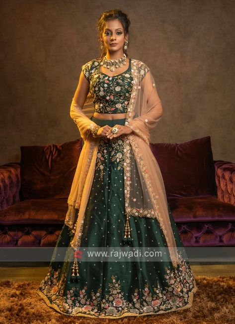 Bottle Green Lehenga Combinations, Bottle Green Lehenga, Engagement Couple Dress, Dark Green Lehenga, Sequins Lehenga Choli, Sequins Lehenga, Lehenga Pink, Peach Lehenga, Green Lehenga Choli