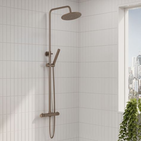 CORE Brushed Bronze Round Thermostatic Brushed Bronze Rain Head Shower - Bathroom Point Bronze Shower Fixtures, Bathroom Bronze, Black Showers, Square Shower Enclosures, Brass Bathroom Accessories, Rain Head, Freestanding Bath Taps, Bath Shower Screens, Toilet Installation